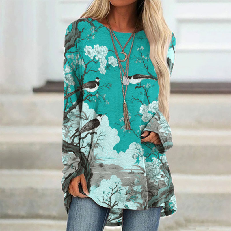 Japanese Flower And Bird Painting Art Print Long Sleeved Tunic
