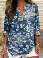 Vintage Japanese Art Flower Print V-Neck Loose Blouse