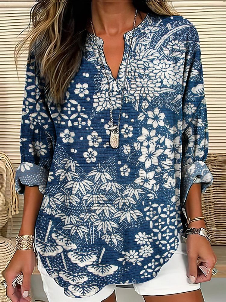 Vintage Japanese Art Flower Print V-Neck Loose Blouse