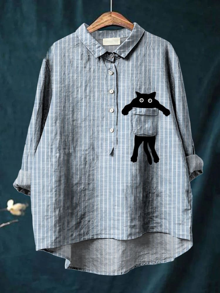 Women's Black Cat Stripe Art Print Casual Cotton And Linen Shirt
