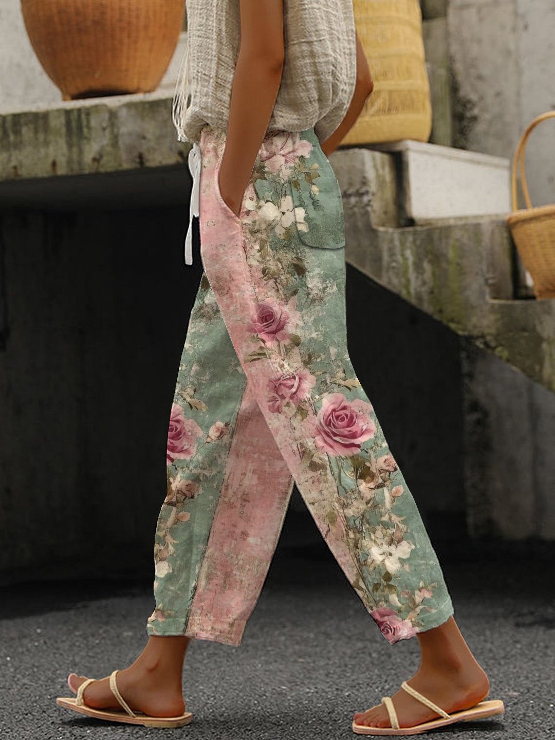Women's Casual Vintage Floral Cotton and Linen Pants (With Pockets)