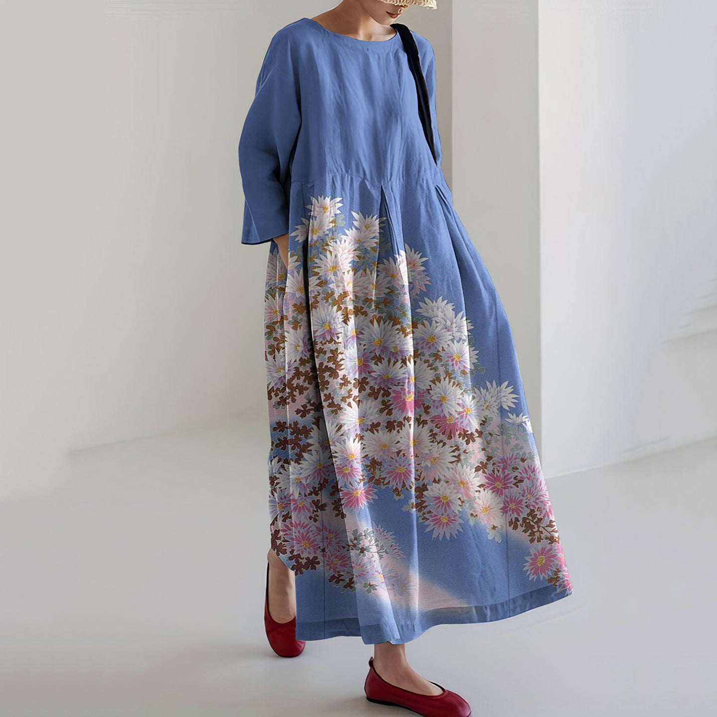 Vintage Japanese Art Color Block Floral Printed Casual Midi Dress