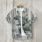 Vintage Godzilla Art Print Short Sleeved Linen Blend Shirt