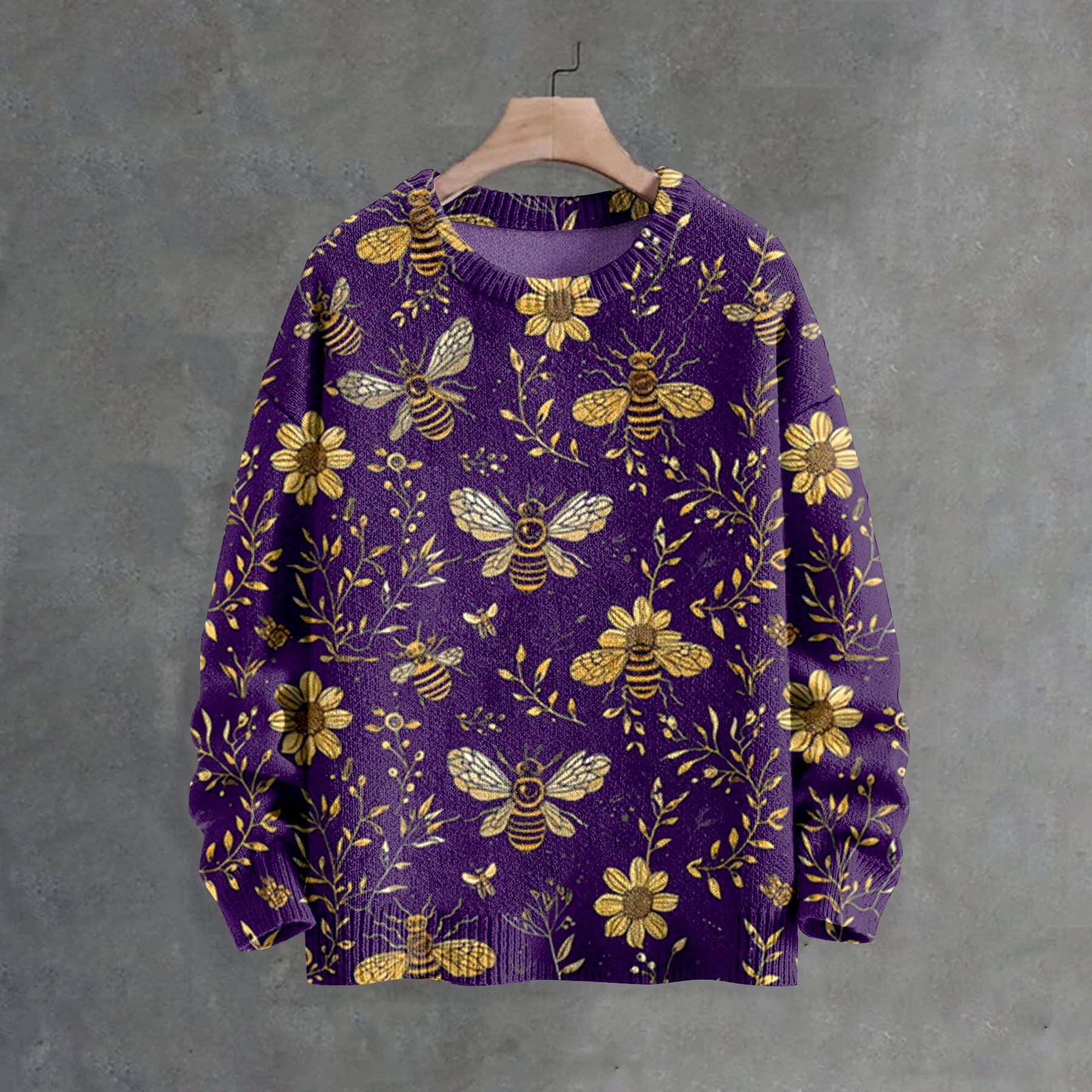 Men's Bees And Flowers Botanical Art Print Casual Knit Crew Neck Sweater