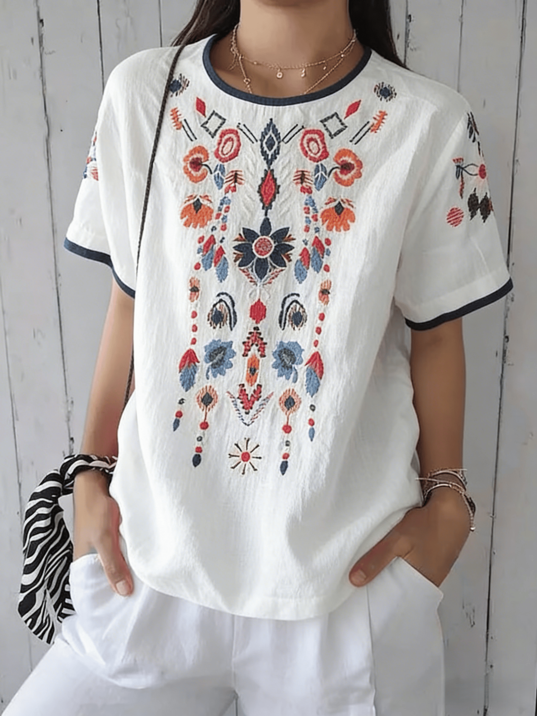 Women's Vintage Floral Embroidered Cotton Linen Short Sleeve Blouse