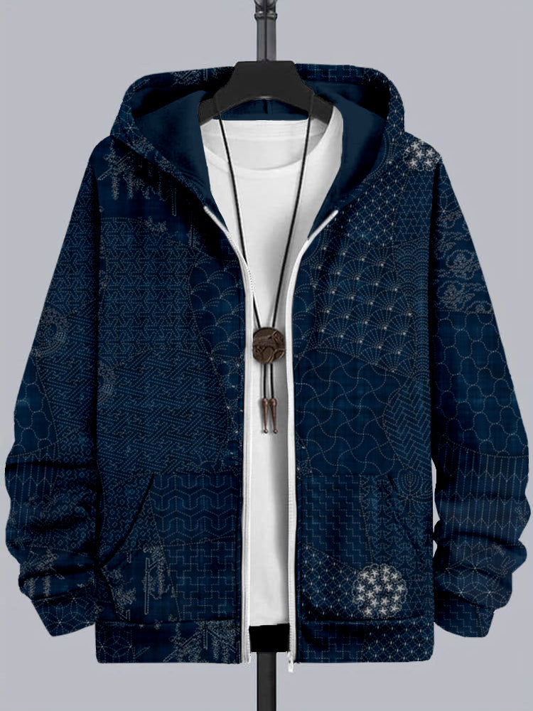 Men's Japanese Traditional Sashiko Art Comfy Full Zip Hoodie
