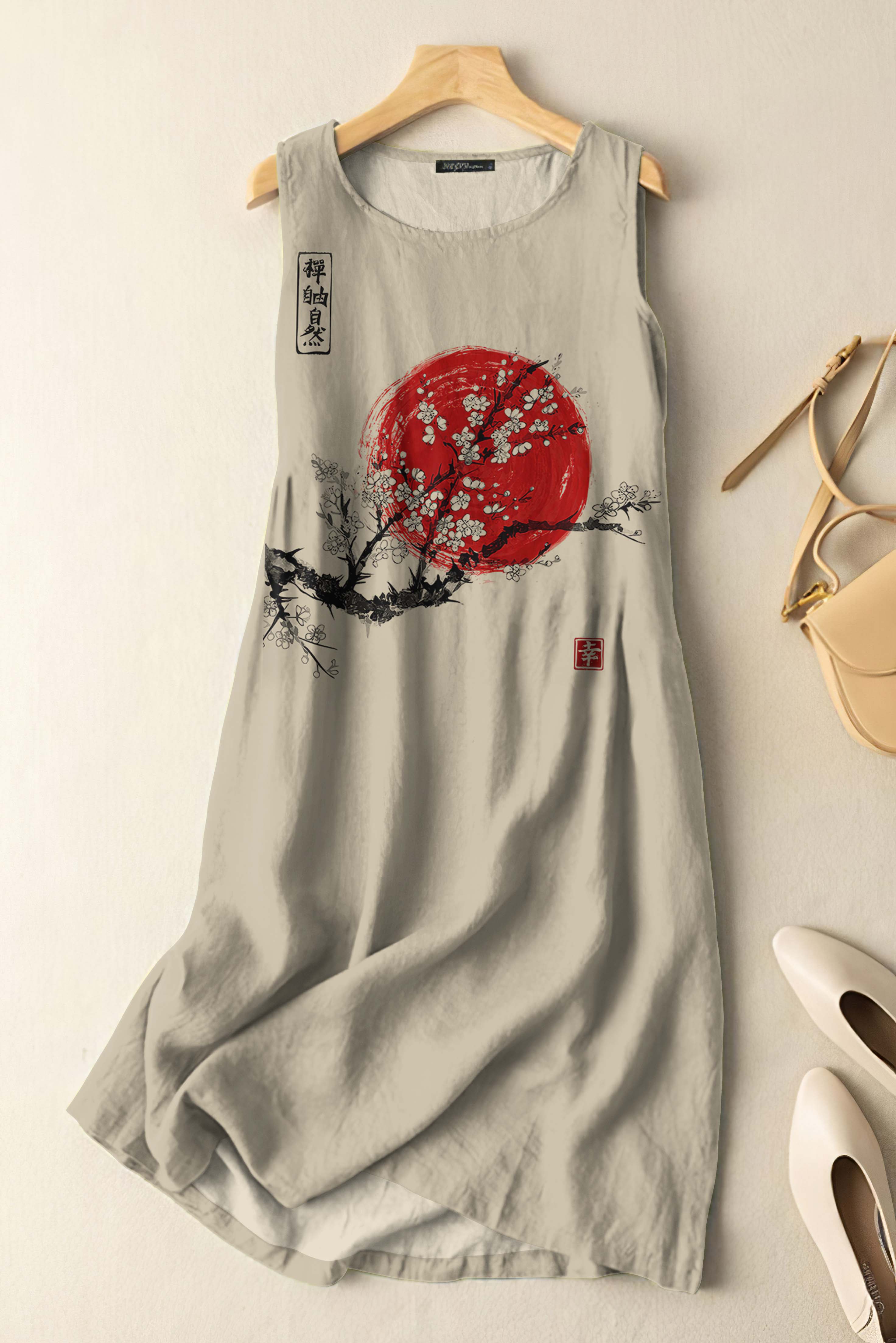 Vintage Japanese Ink Flower Sunrise Art Print Sleeveless Cotton And Linen Midi Dress