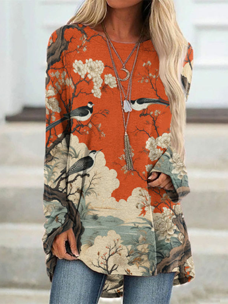 Japanese Flower And Bird Painting Art Print Long Sleeved Tunic