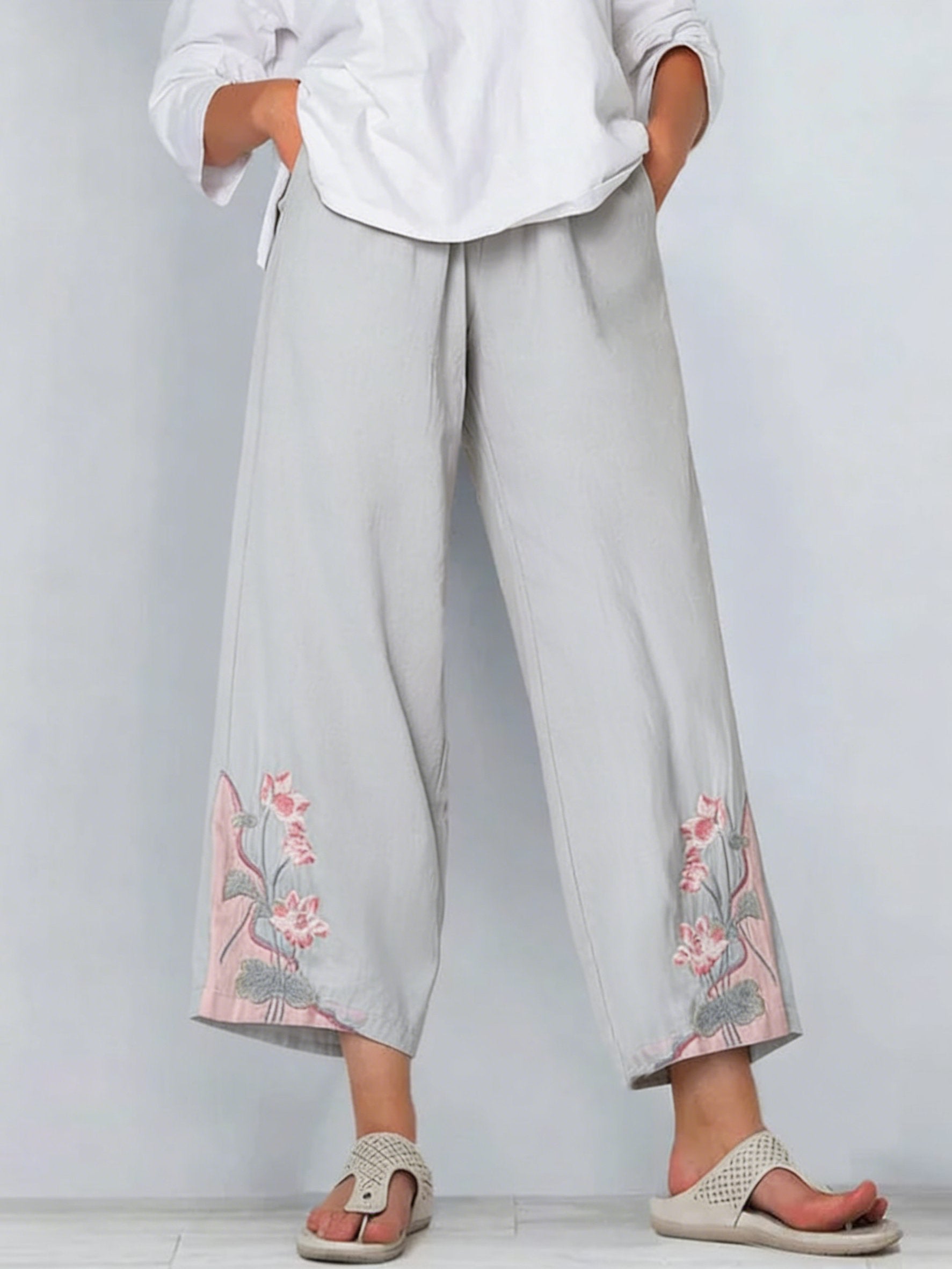 Women's Retro Color Block Floral Cotton Linen Pocket Casual Trousers