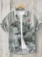 Vintage Godzilla Art Print Short Sleeved Linen Blend Shirt