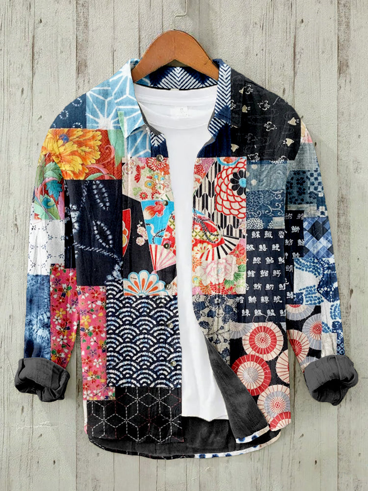Patchwork Japanese Art Pattern Linen Blend Blouse