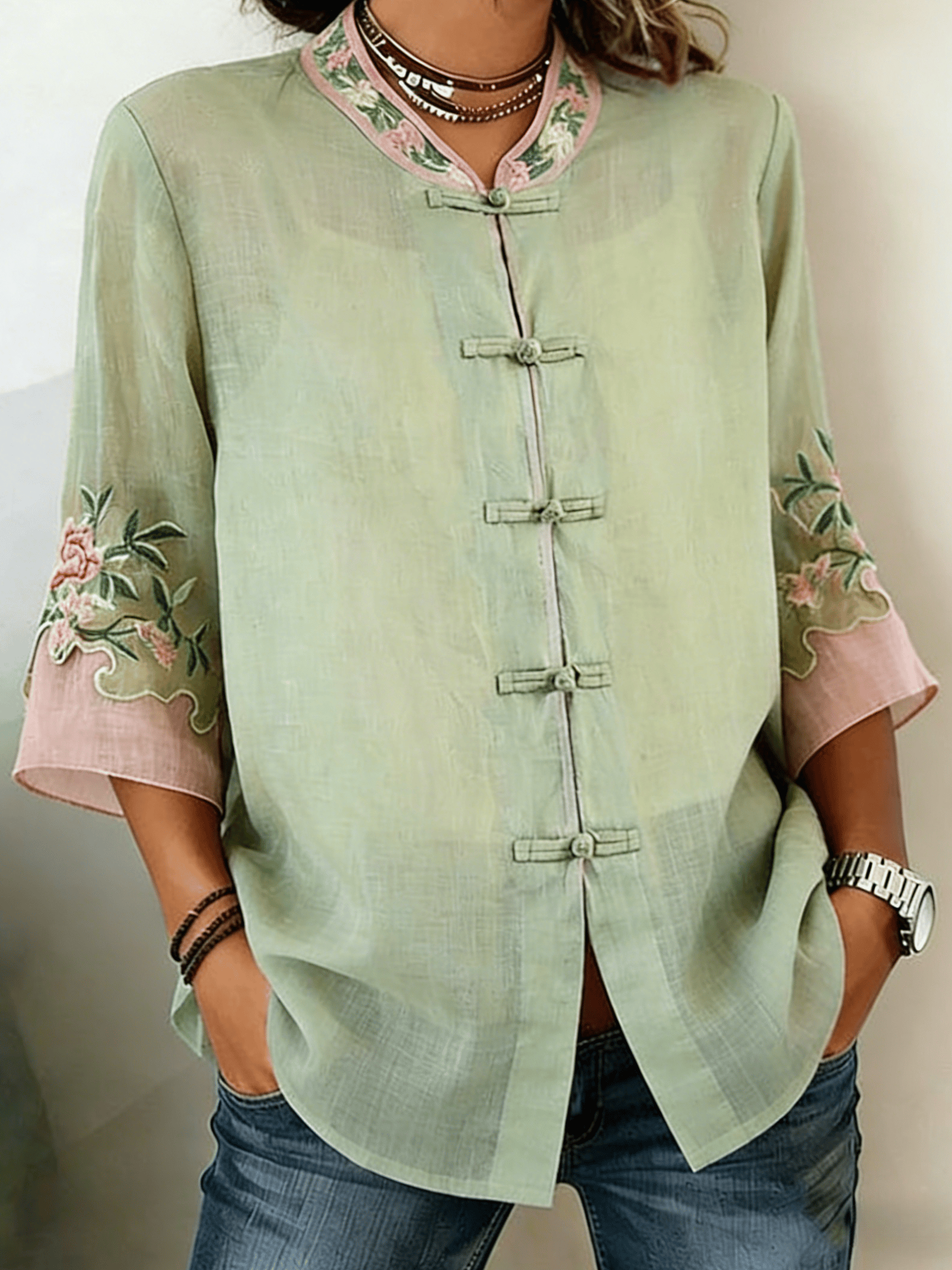 Women's Retro Floral Embroidered Cotton Linen V-Neck Blouse